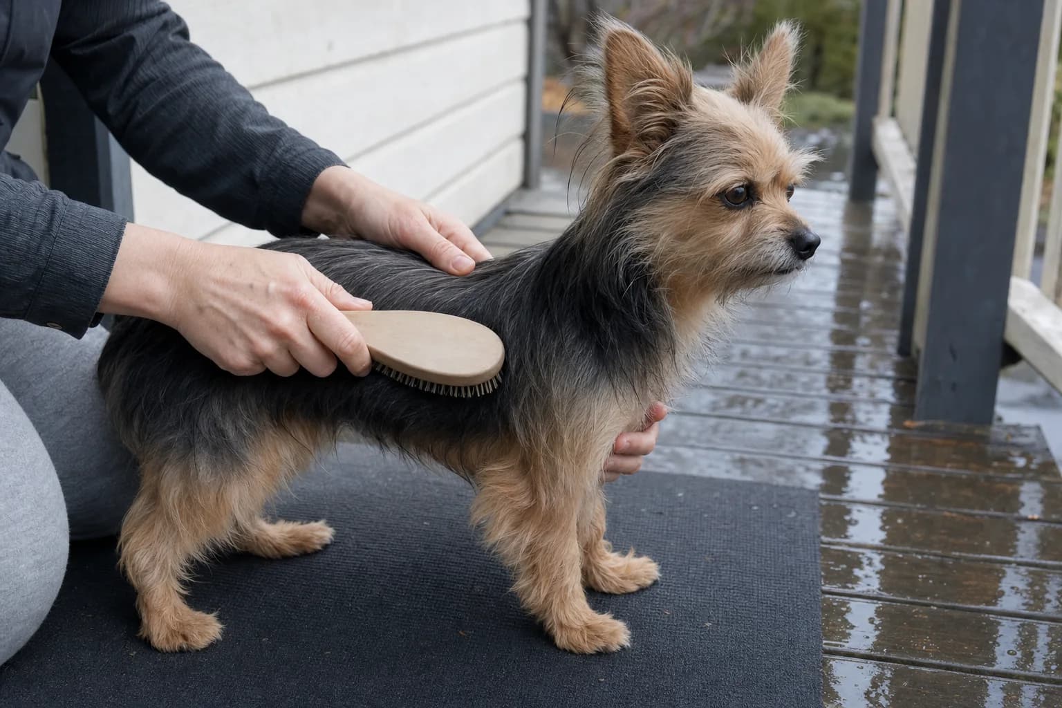 Caregiver brushing the natural gray-and-tan coat of a small mixed-breed dog on a porch mat