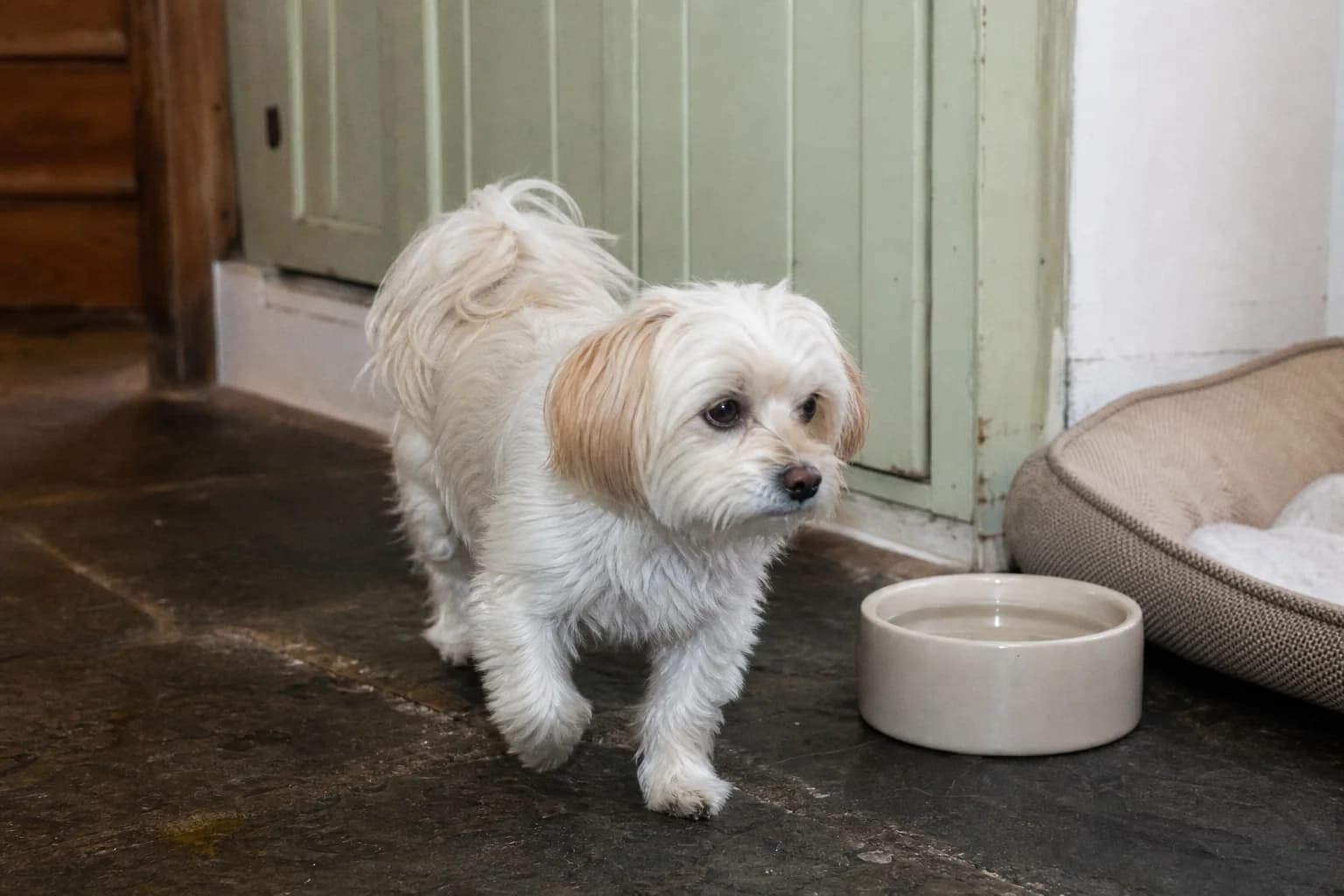 Small white long-coated mixed-breed dog walking beside a water bowl and low bed