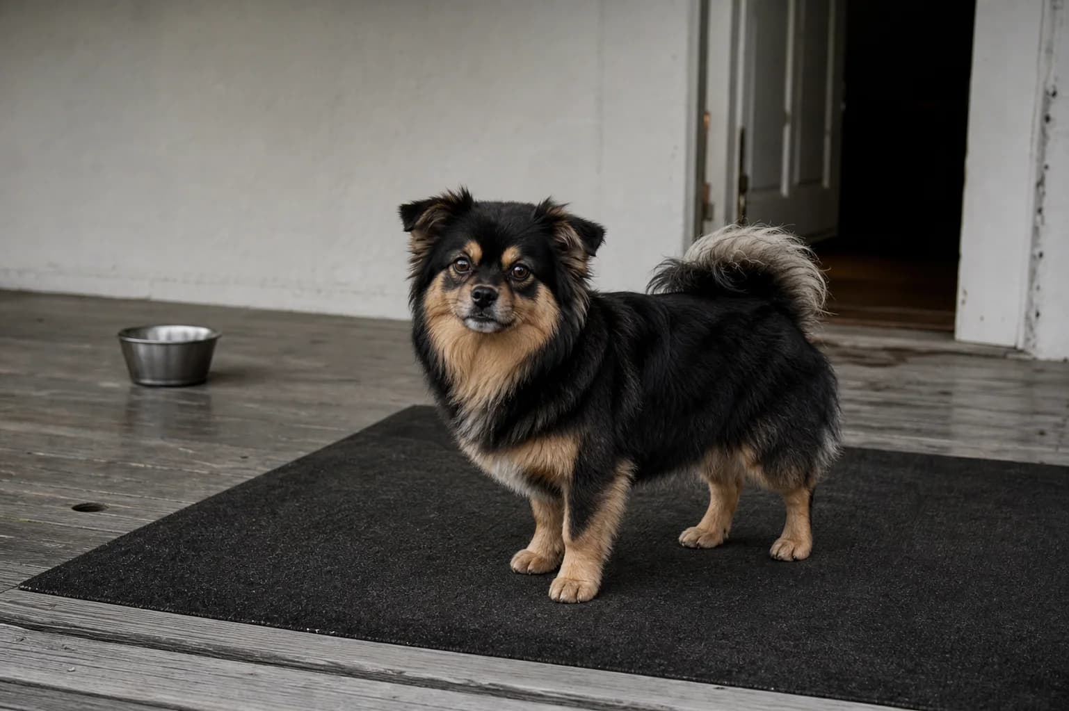 Compact black-and-tan mixed-breed dog standing on a nonslip porch mat near a water bowl