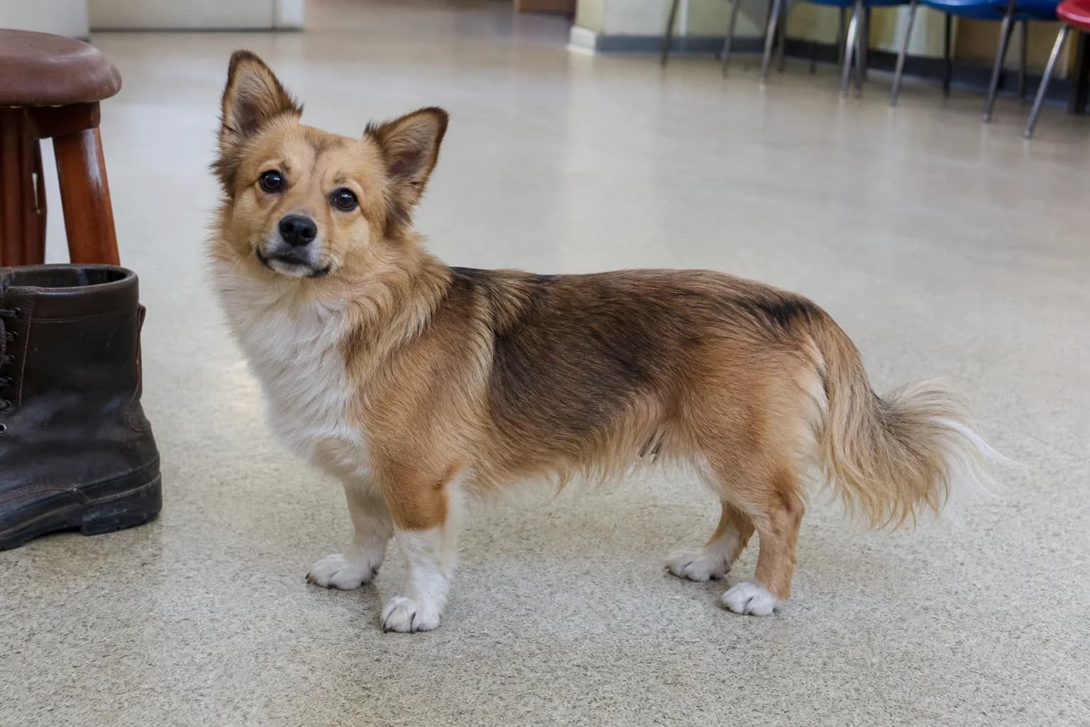 Small sable-and-white mixed-breed dog with short legs standing naturally beside a plain boot