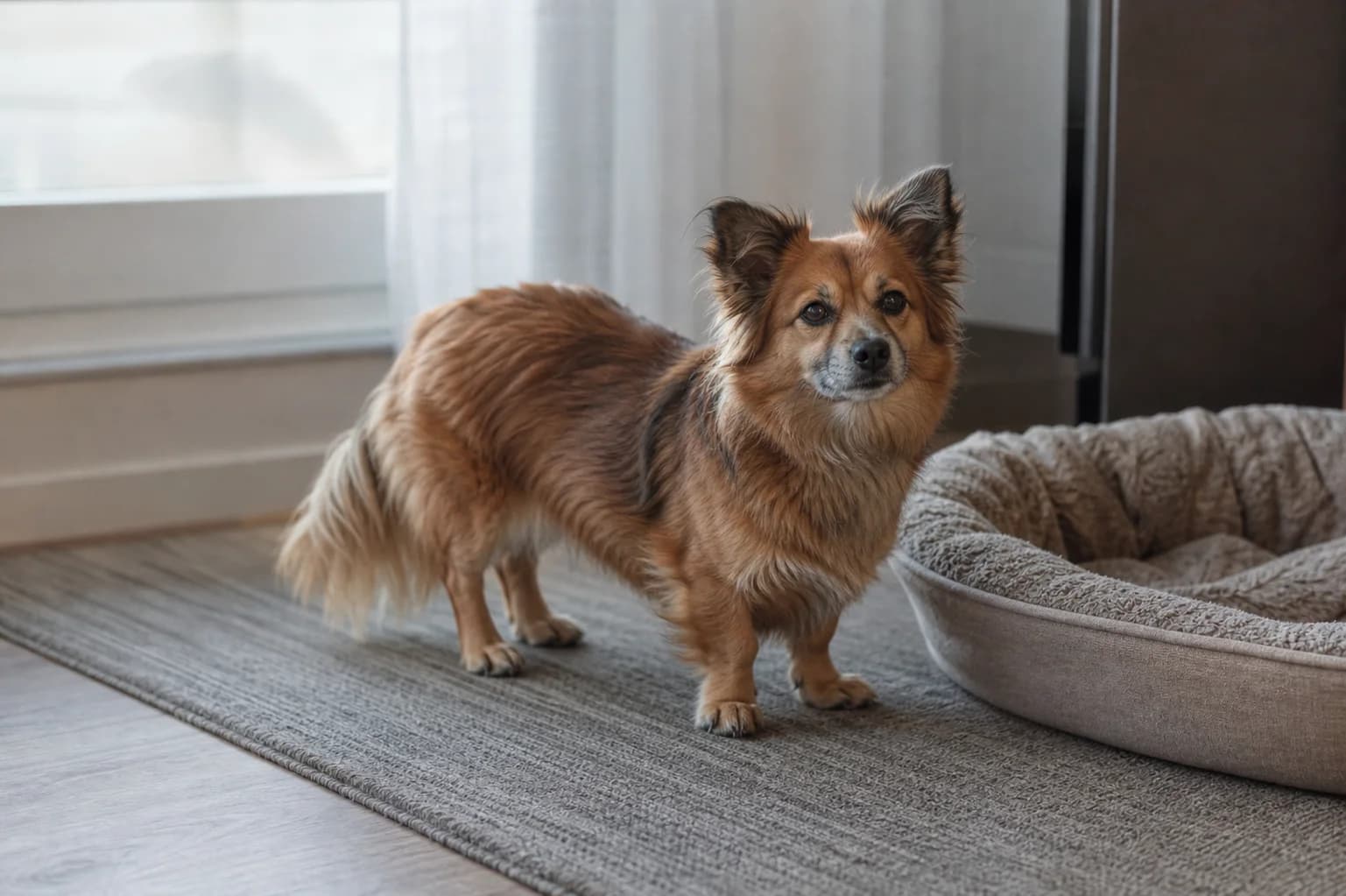 Small red-sable mixed-breed dog standing on a nonslip runner beside a low dog bed