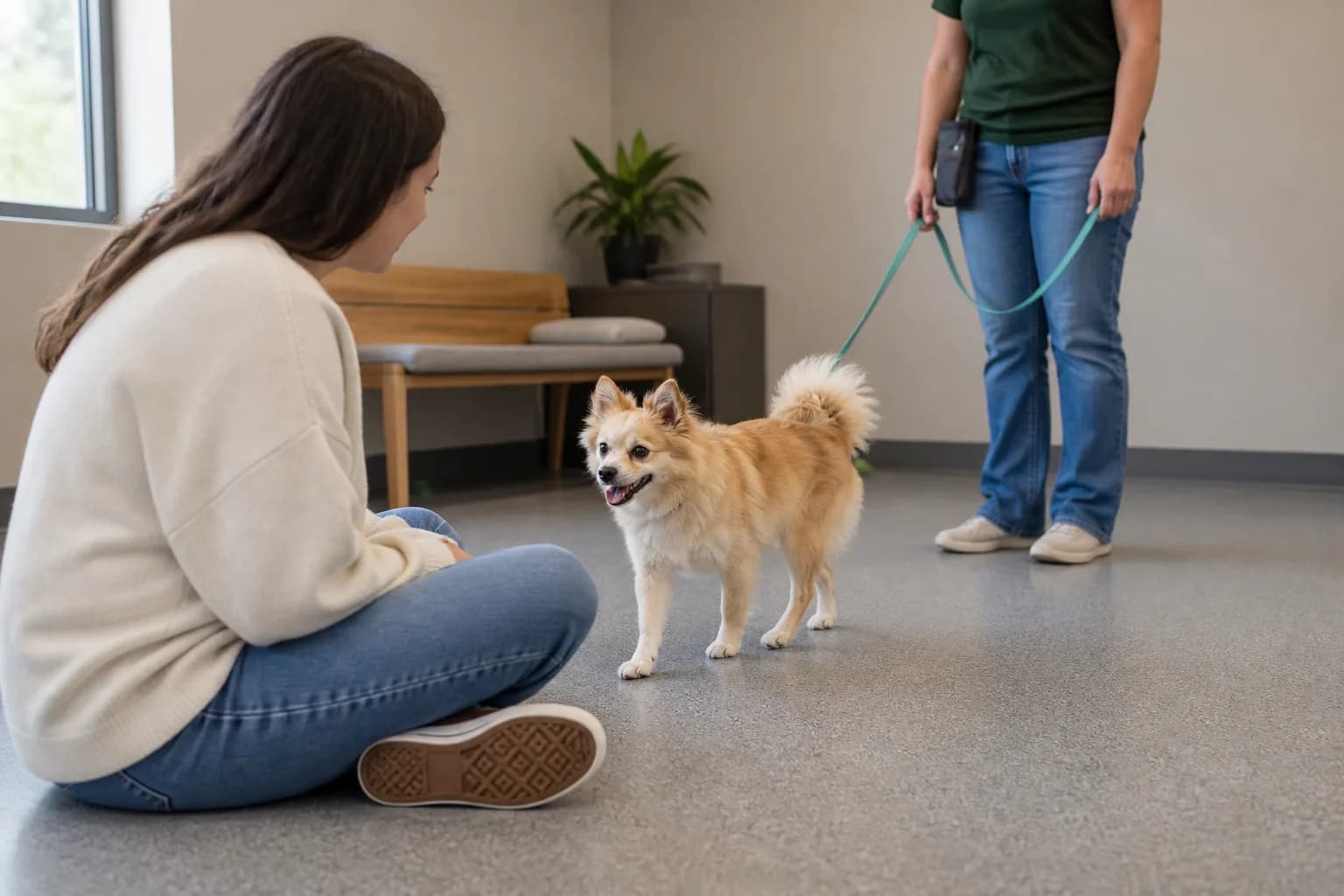 Prospective adopter observing a small mixed-breed dog during a calm shelter meeting