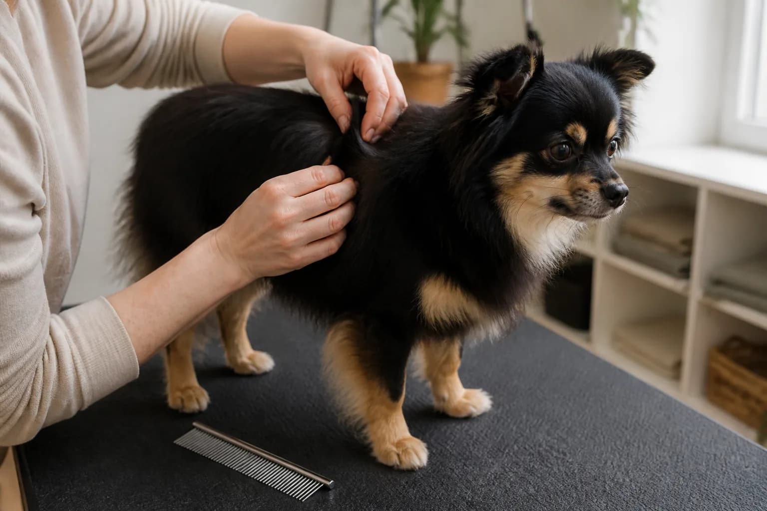 Caregiver checking the coat of a small black-and-tan mixed-breed dog on a nonslip mat
