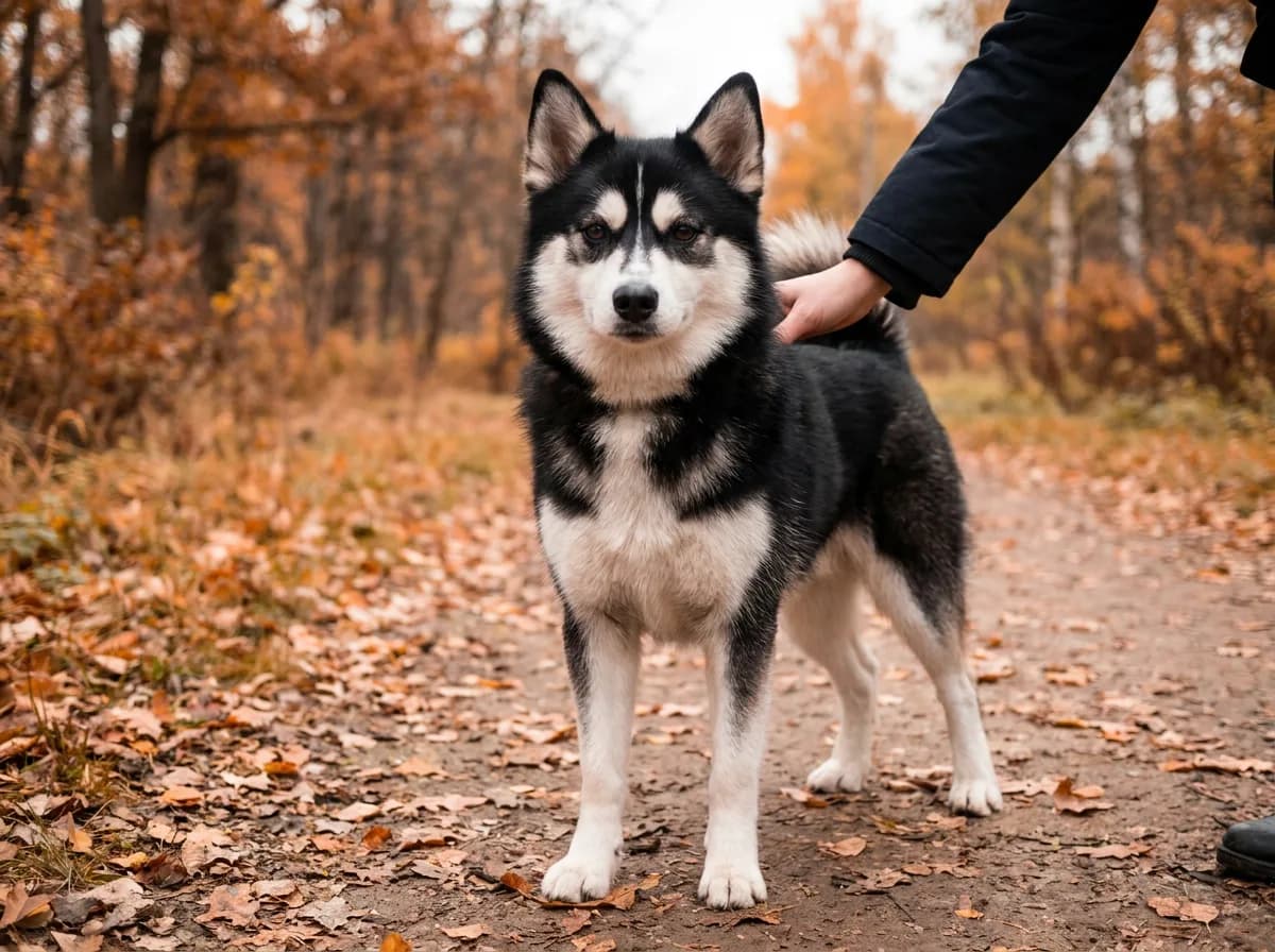 Illustrated black-and-white masked dog standing on an autumn path.