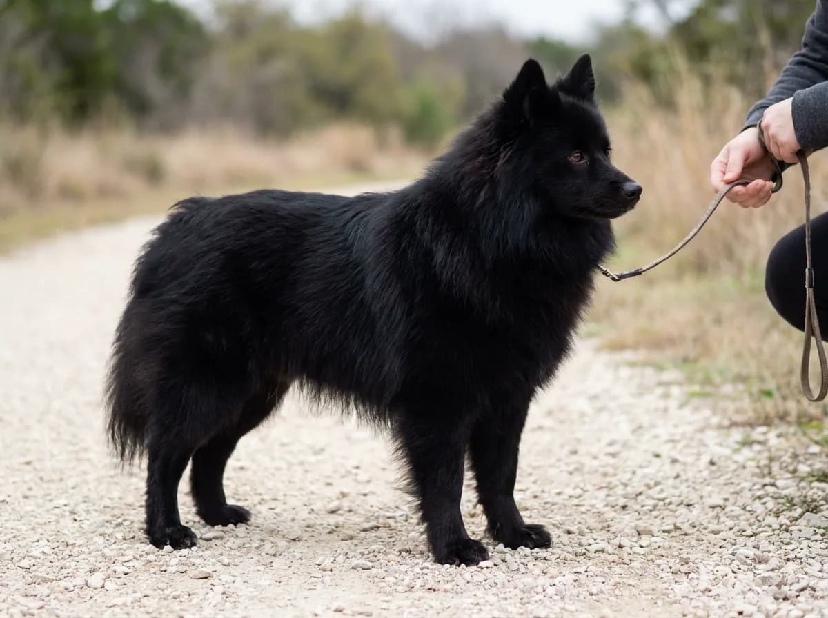 Illustrated solid black fluffy pointed-eared dog standing on pale gravel.