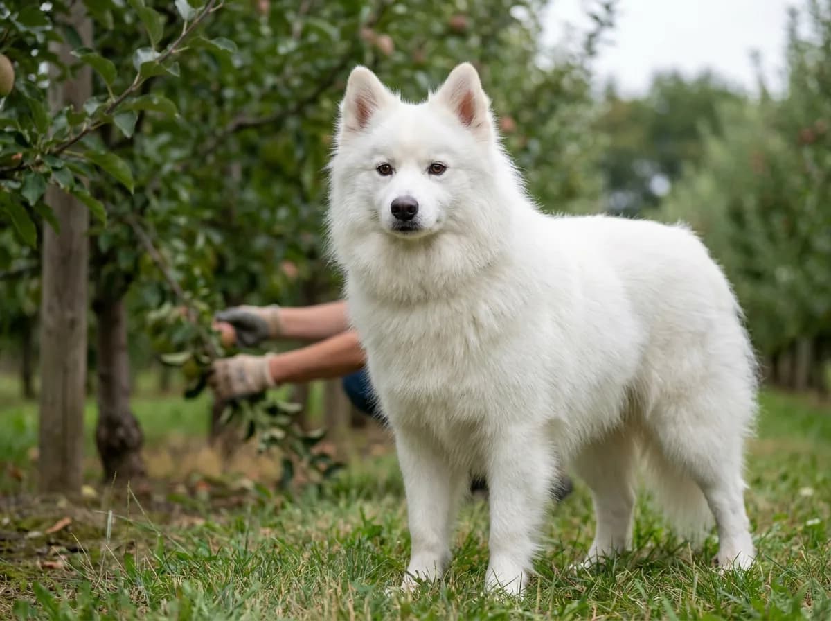 Illustrated white fluffy dog with a dark nose standing in an orchard.