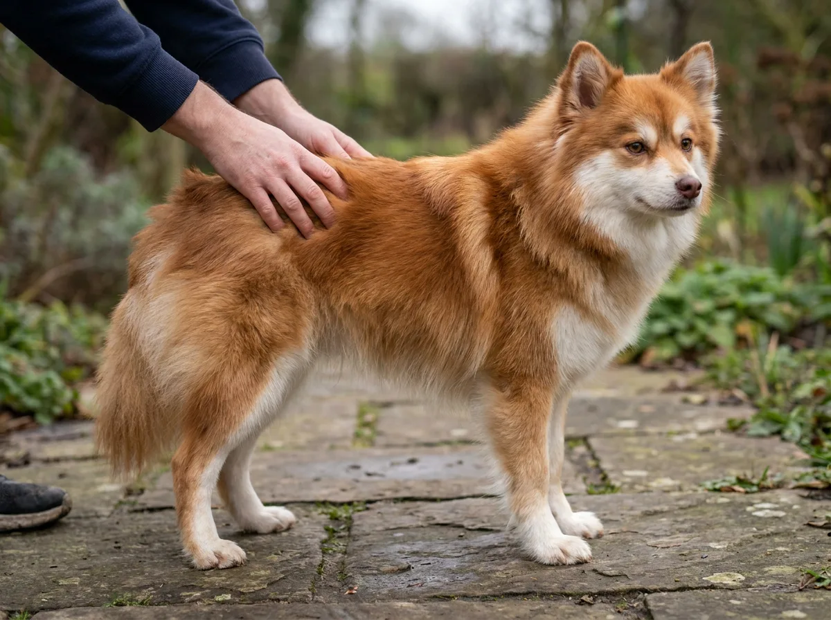 Illustrated red-and-white fluffy dog standing on a stone path.