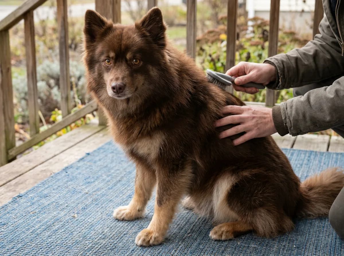 Illustrated chocolate-brown fluffy dog sitting on a blue porch mat.