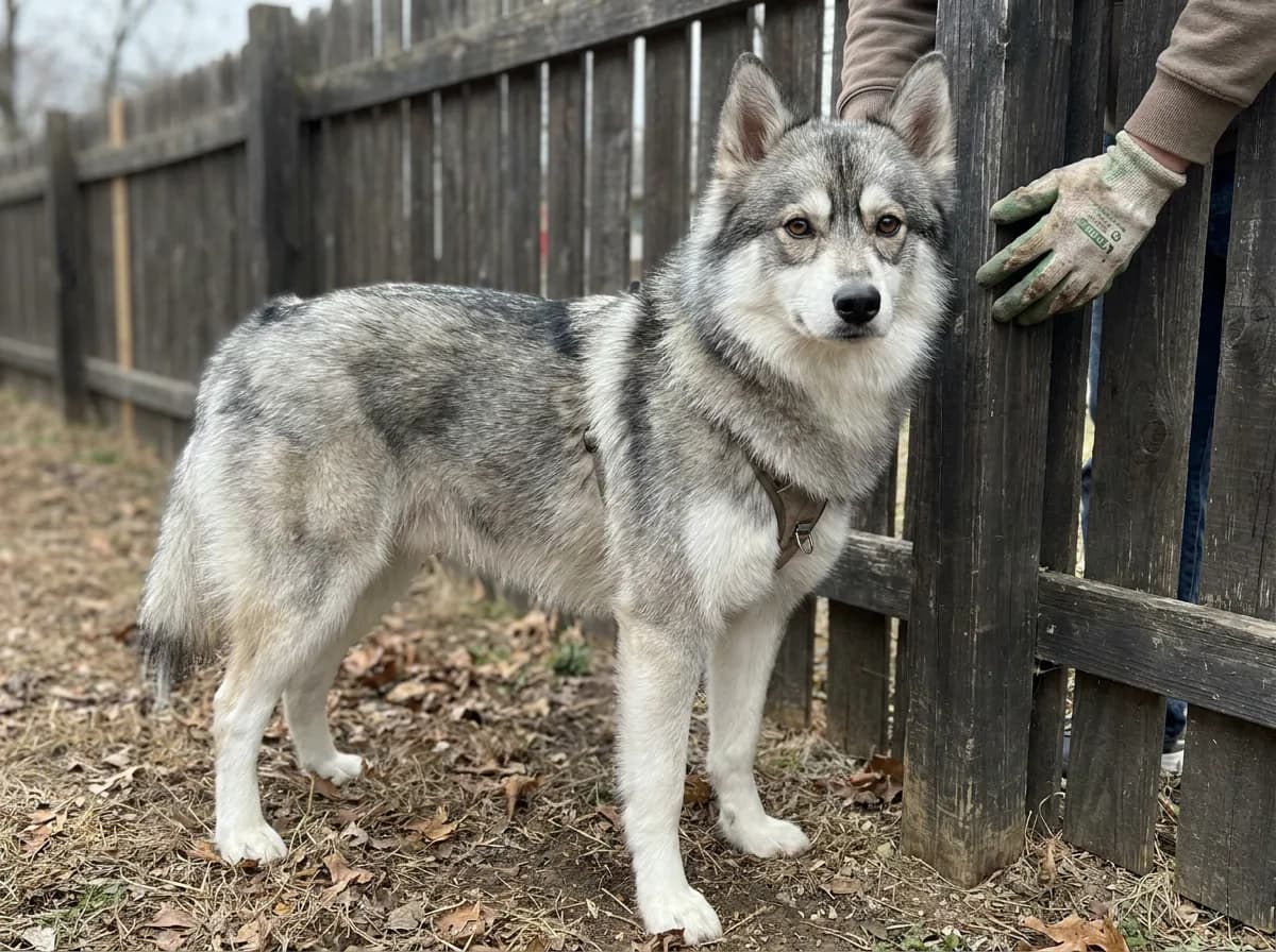 Illustrated gray-and-white dog with silver-toned fur standing beside a dark fence.