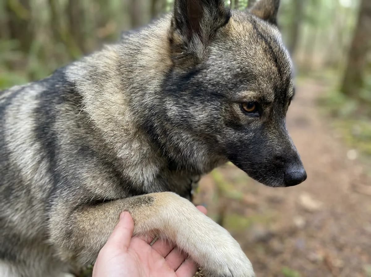 Illustrated close view of gray-and-dark shaded guard hairs on a pointed-eared dog.