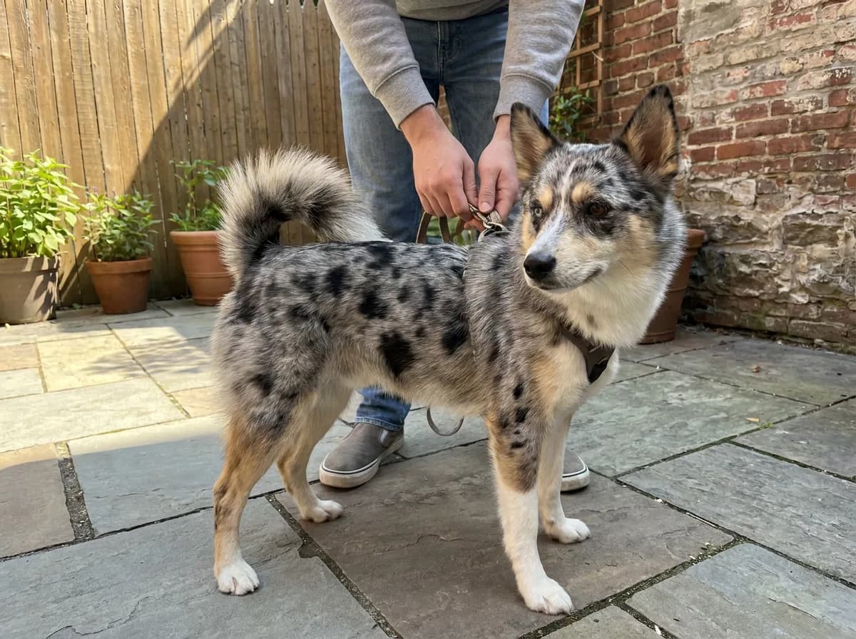 Illustrated dog with irregular gray and black mottling standing in a courtyard.