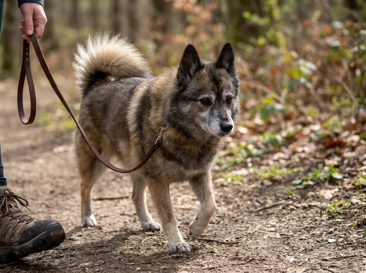 Illustrated brown older-looking dog on a lead during an outdoor walk.