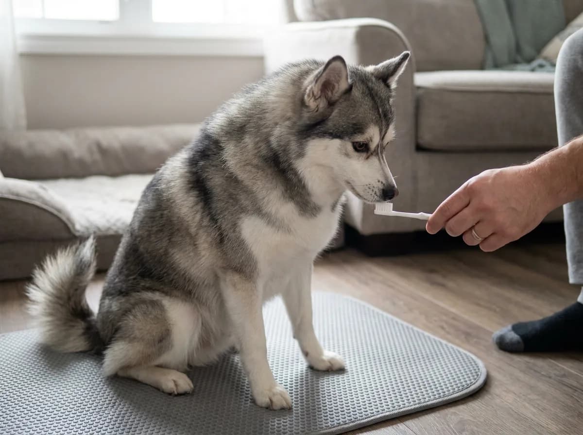 Illustrated gray-and-white dog being introduced to a toothbrush on a nonslip mat.