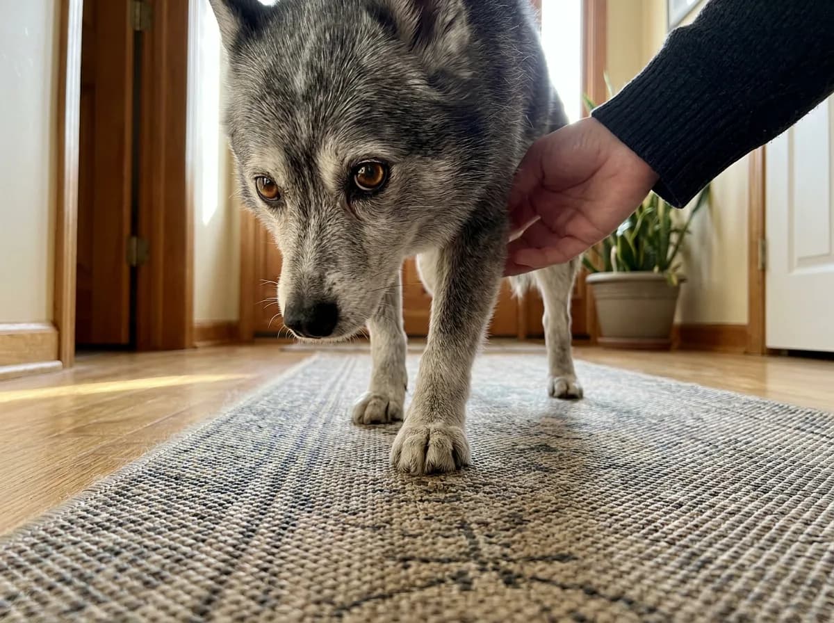 Illustrated gray older-looking dog walking across a runner beside a person’s hand.
