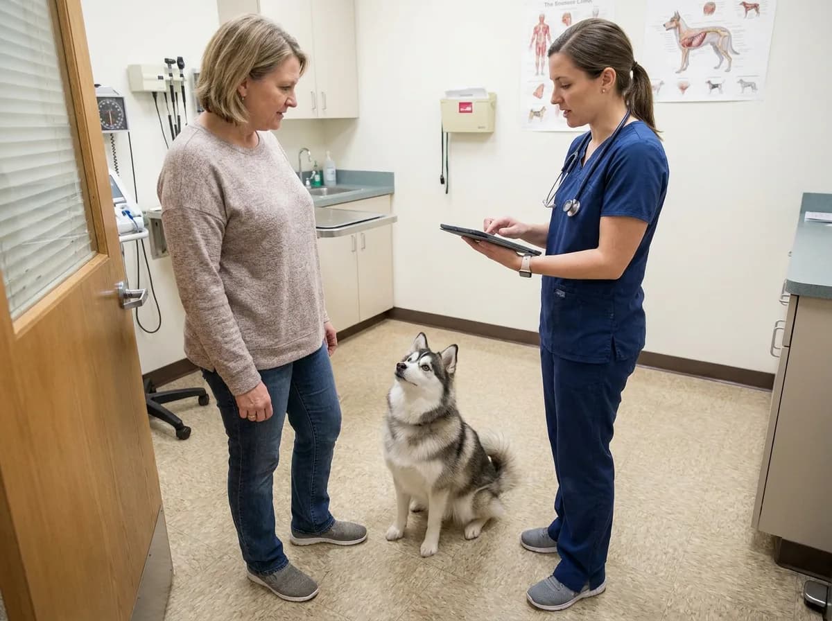 Illustrated owner and veterinary professional discussing records with a dog nearby.