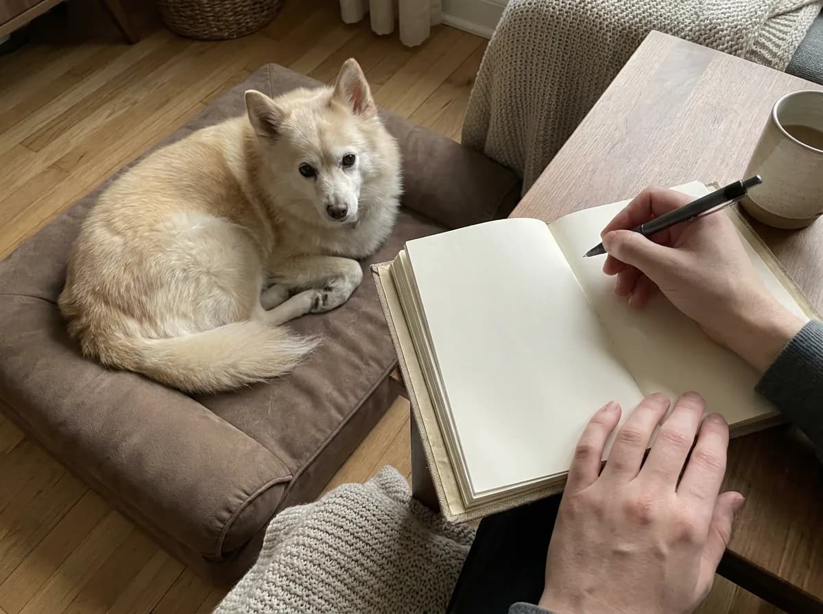 Illustrated cream dog resting beside an adult writing in a notebook.
