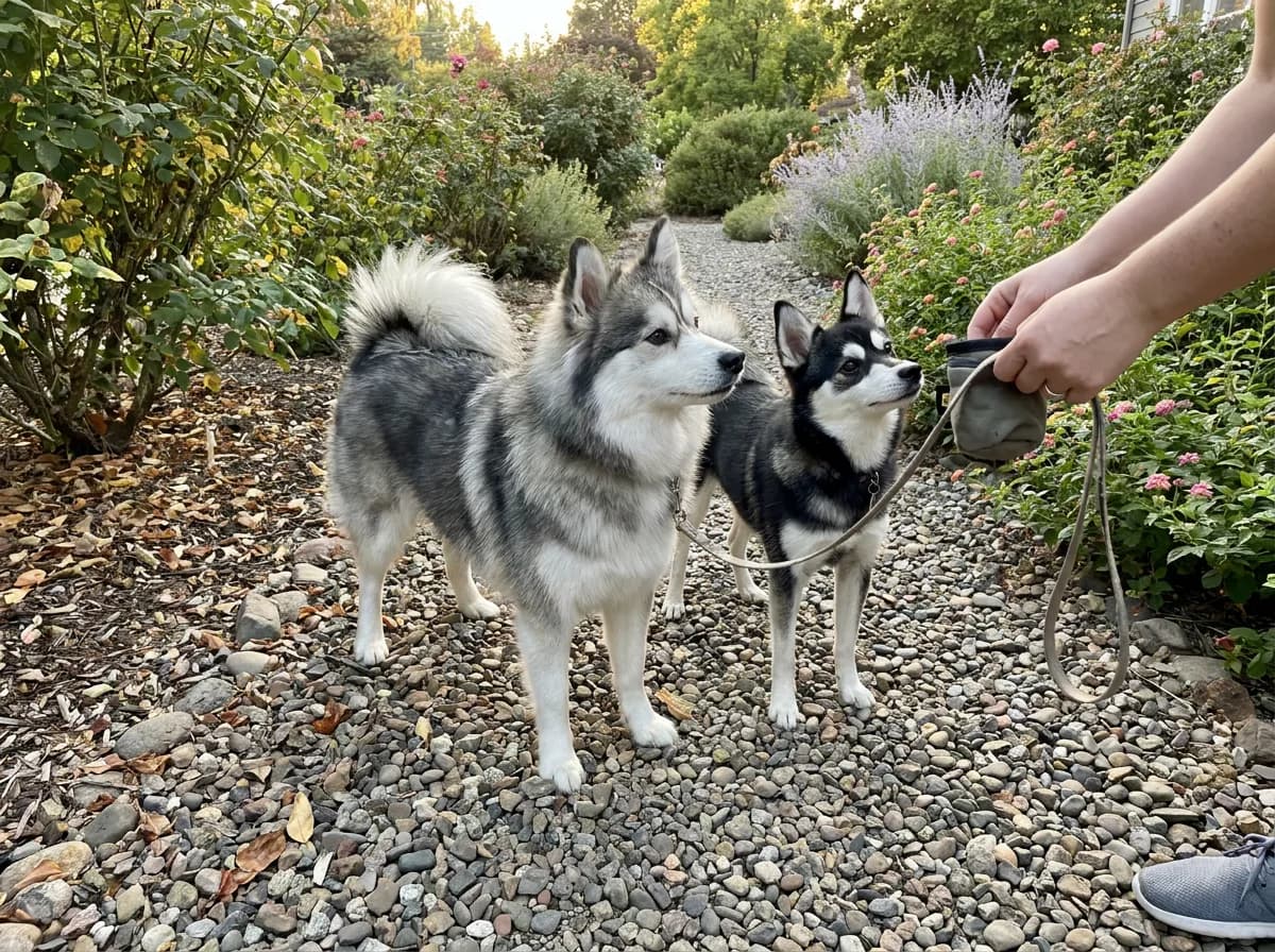 Illustrated fluffy gray-and-white dog and smaller masked dog standing together on gravel.