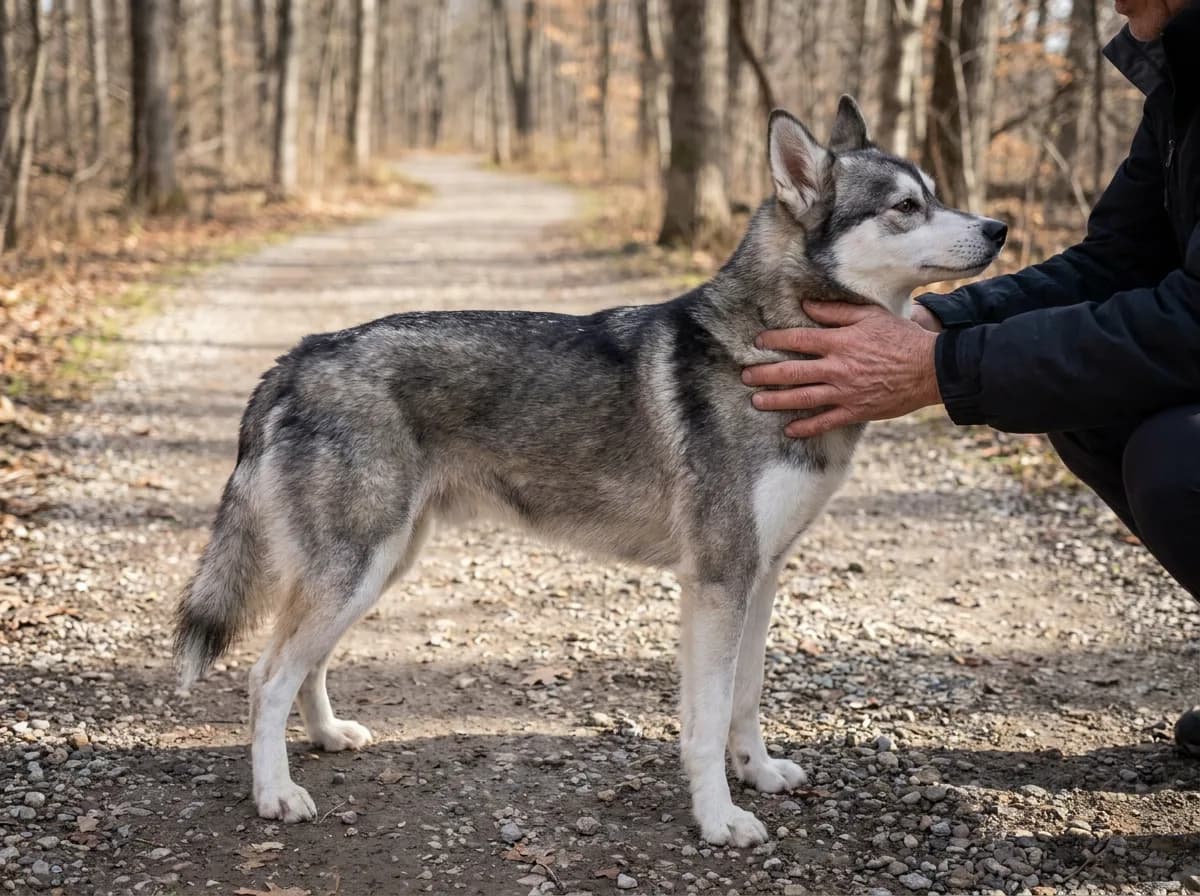 Illustrated lean gray masked dog standing in profile on a woodland path.