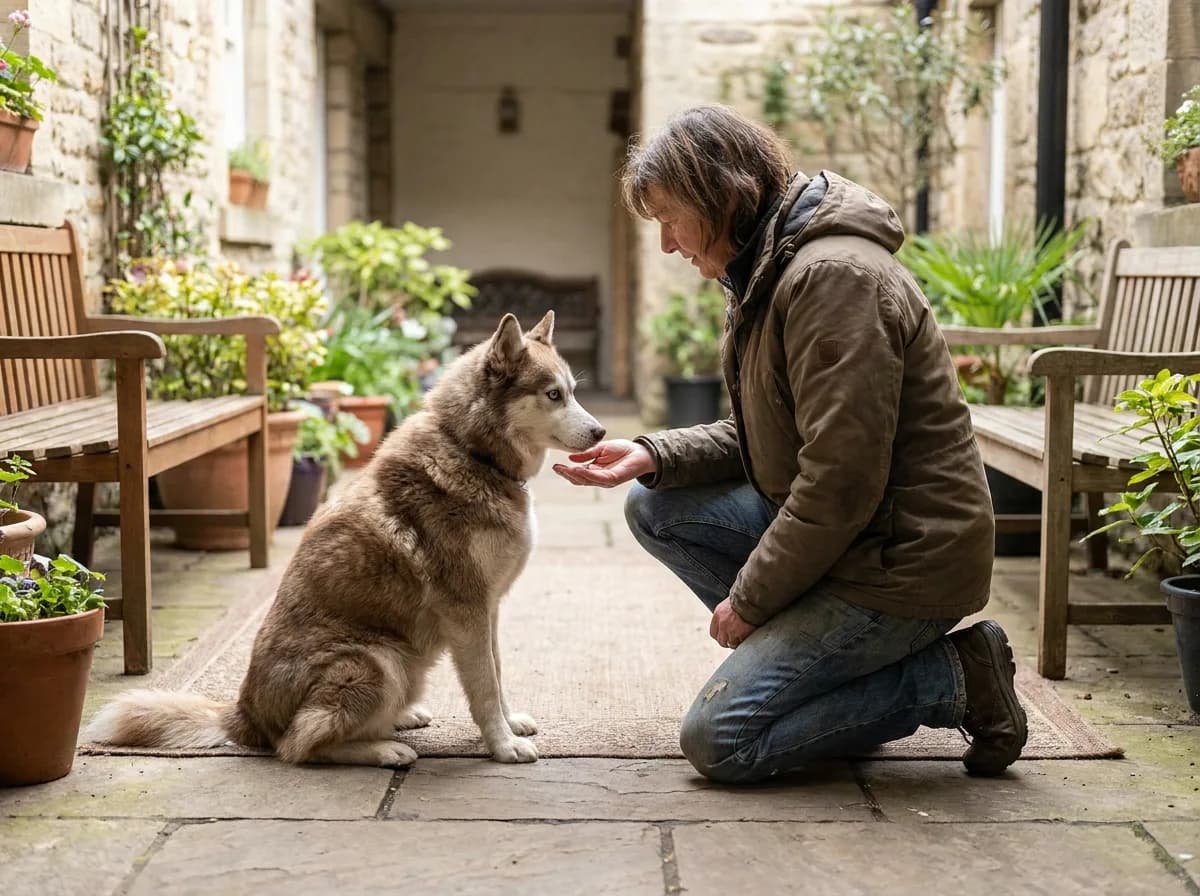 Illustrated fluffy brown dog practicing calm attention with an adult in a courtyard.