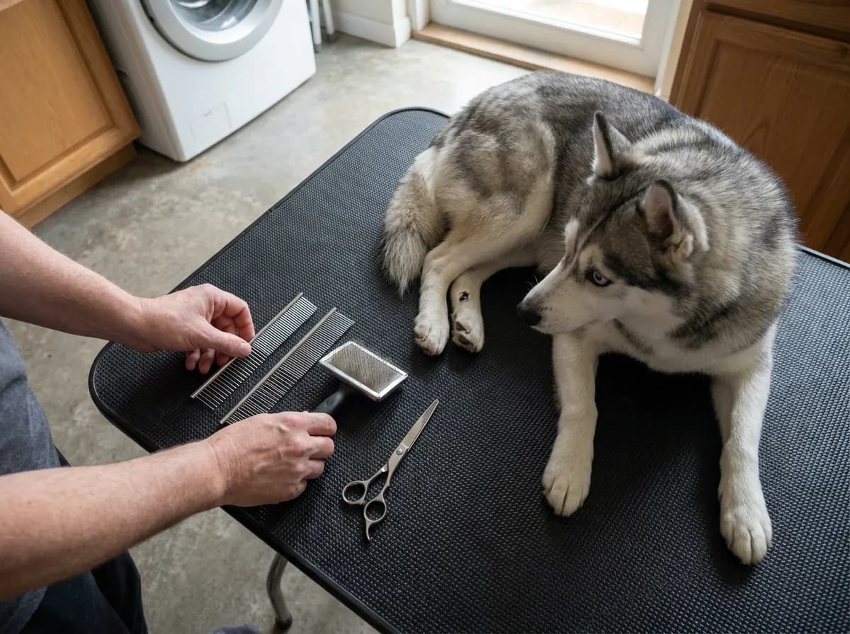 Illustrated gray masked dog beside plain grooming tools on a nonslip surface.