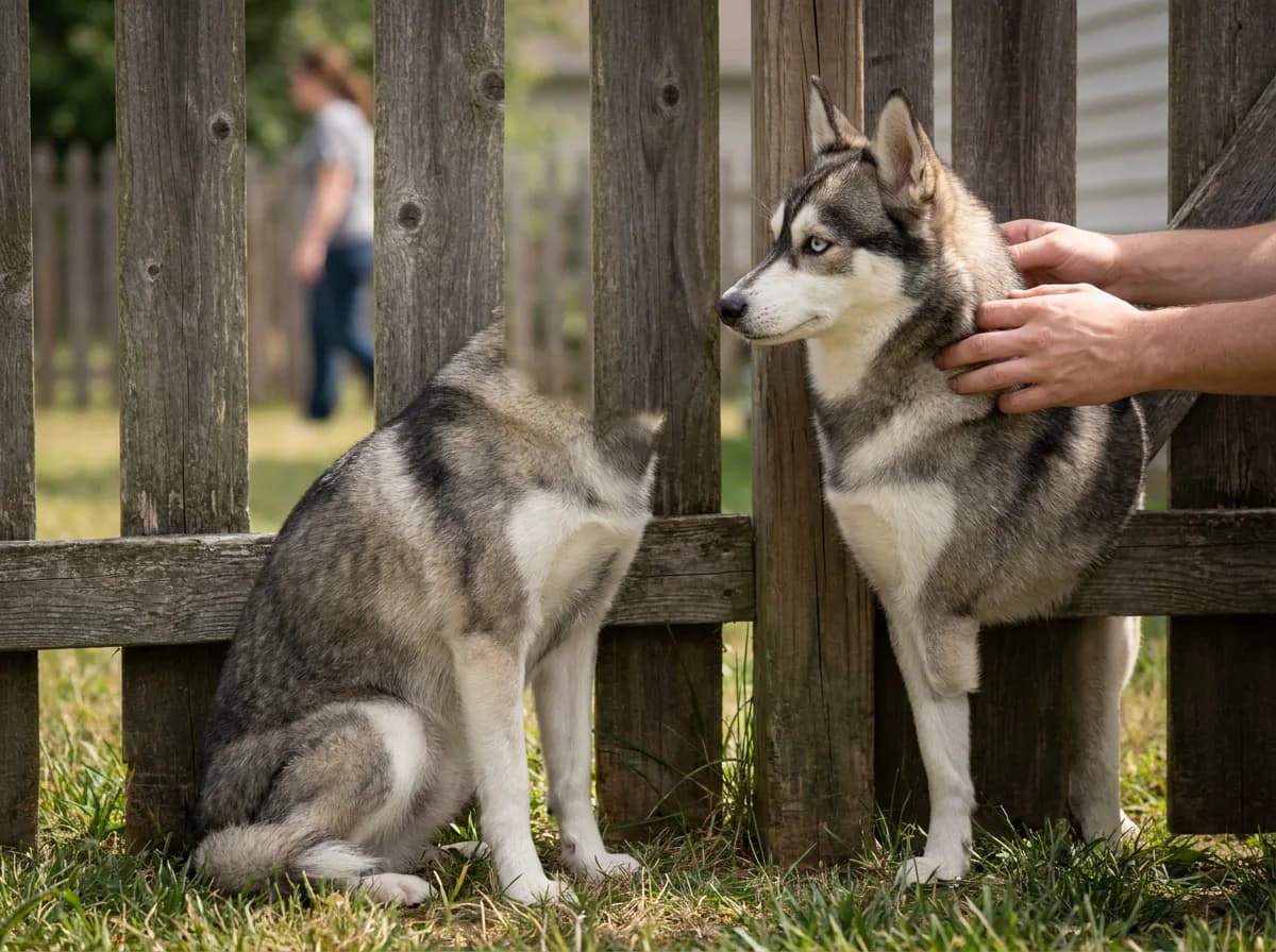 Illustrated gray masked dog observing a distant person through a fence.