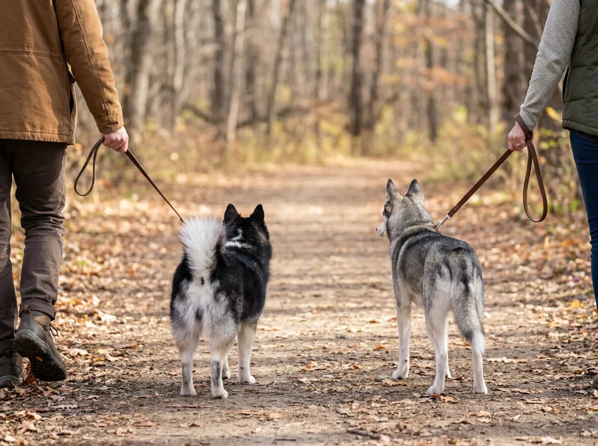 Illustrated two pointed-eared dogs walking with separate handlers along a wide trail.