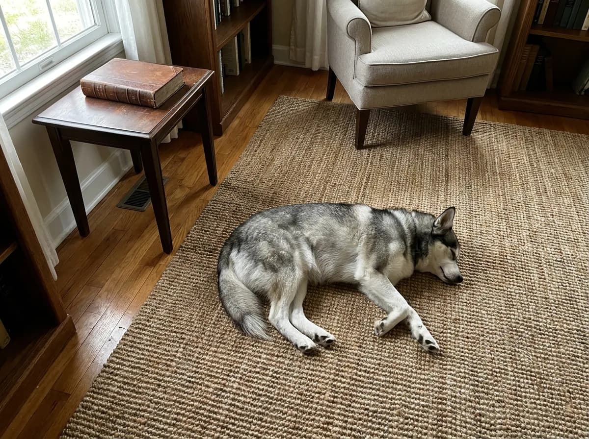 Illustrated gray masked dog resting on a broad rug in a quiet reading room.