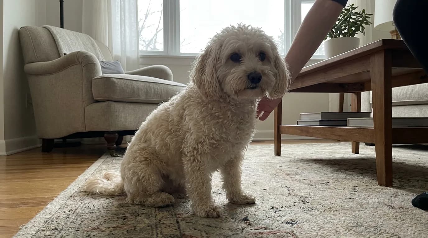 Cream Poochon sitting on a living-room rug beside a person