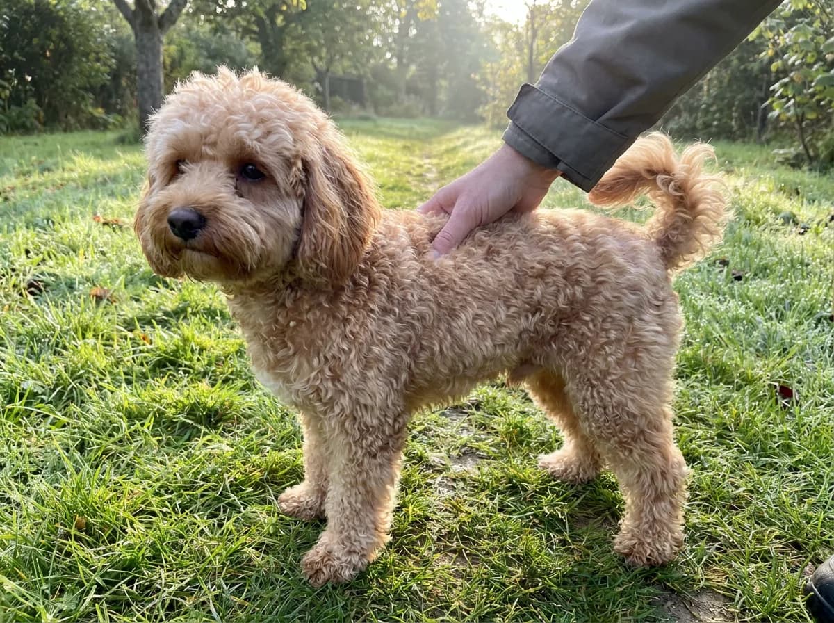 Apricot Poochon standing on grass with its curly coat visible