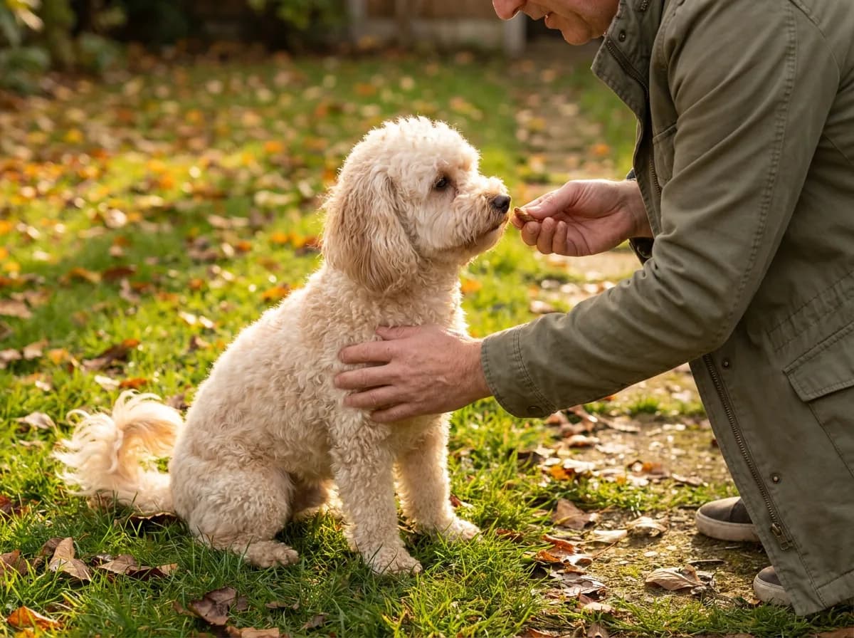 Poochon receiving a small reward during a seated training exercise