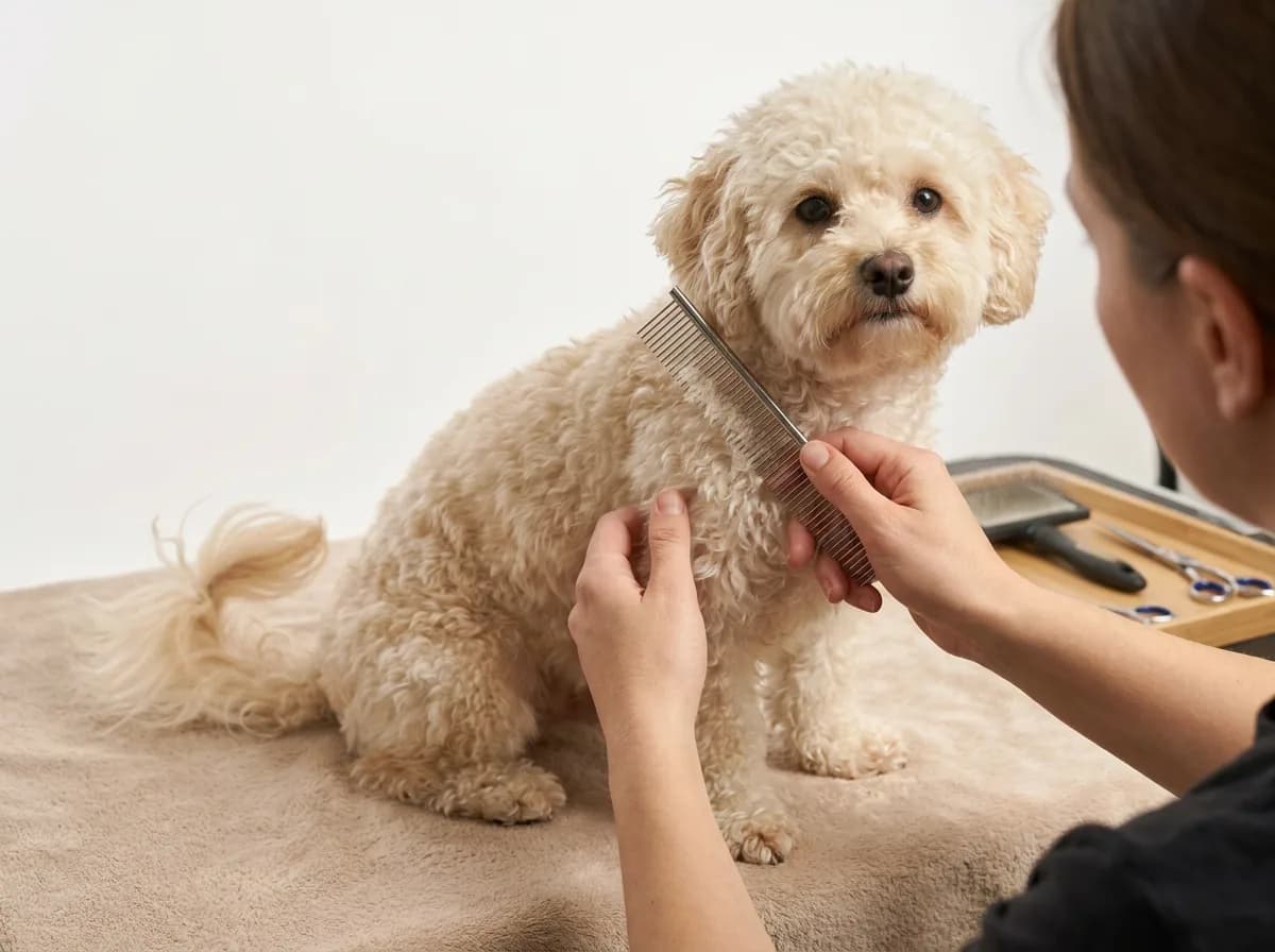 A person holding a comb beside a Poochon’s cream coat