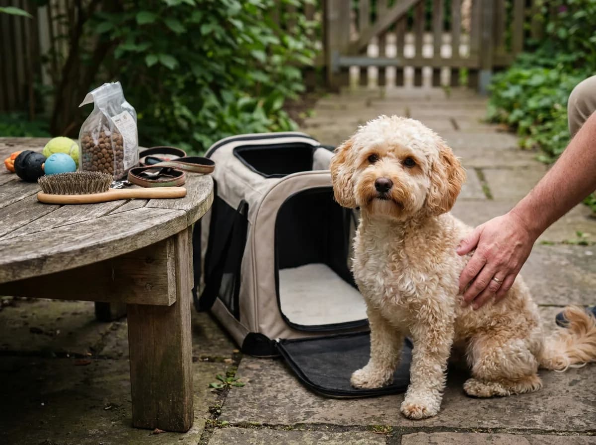 Poochon beside an open carrier and everyday care supplies