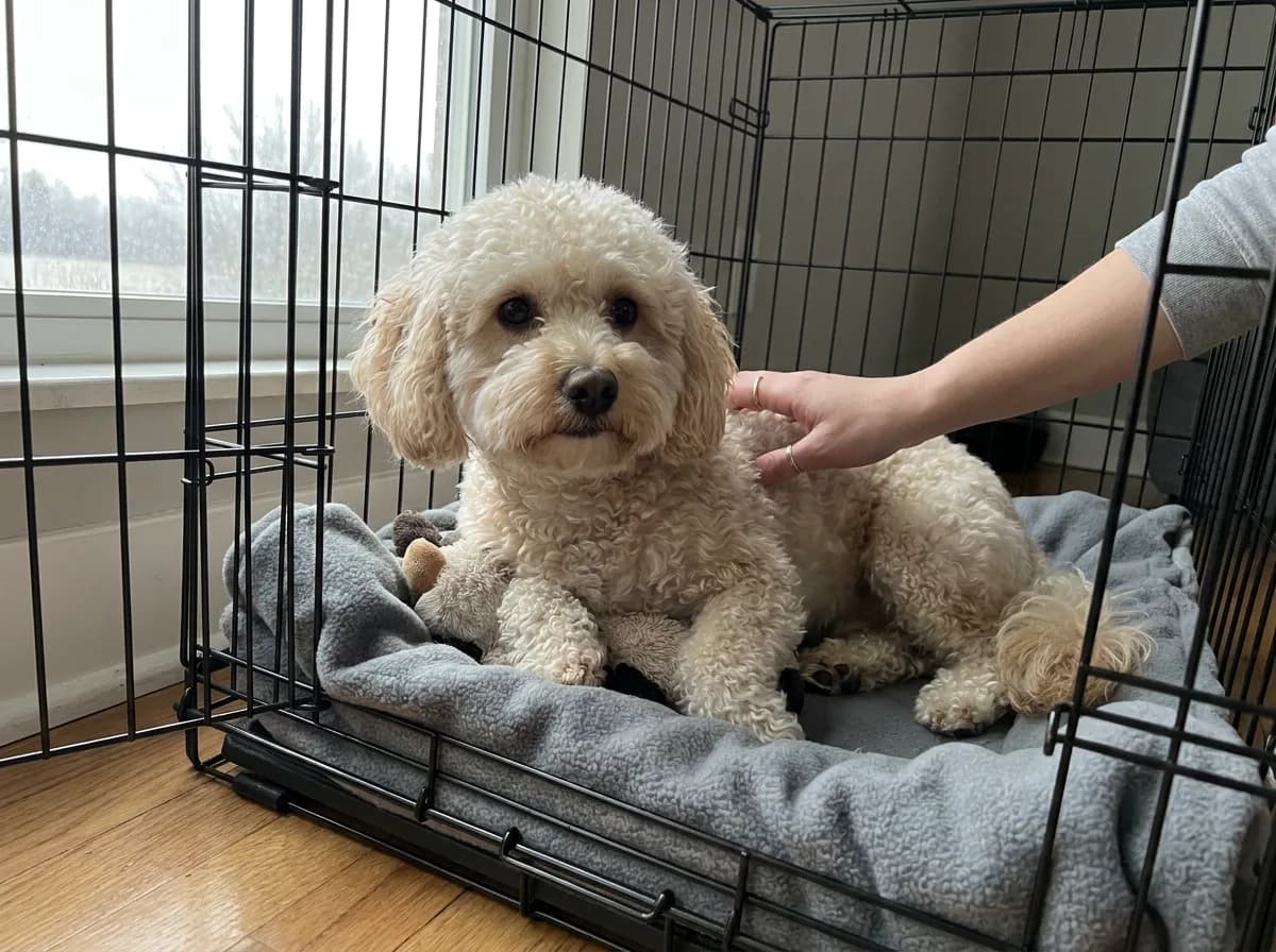 Cream Poochon resting on bedding inside an open crate