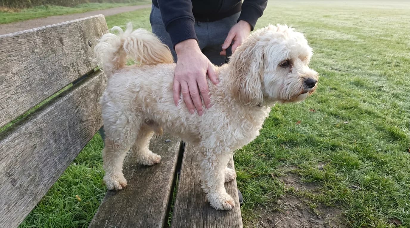 Adult cream Poochon standing on a low wooden bench