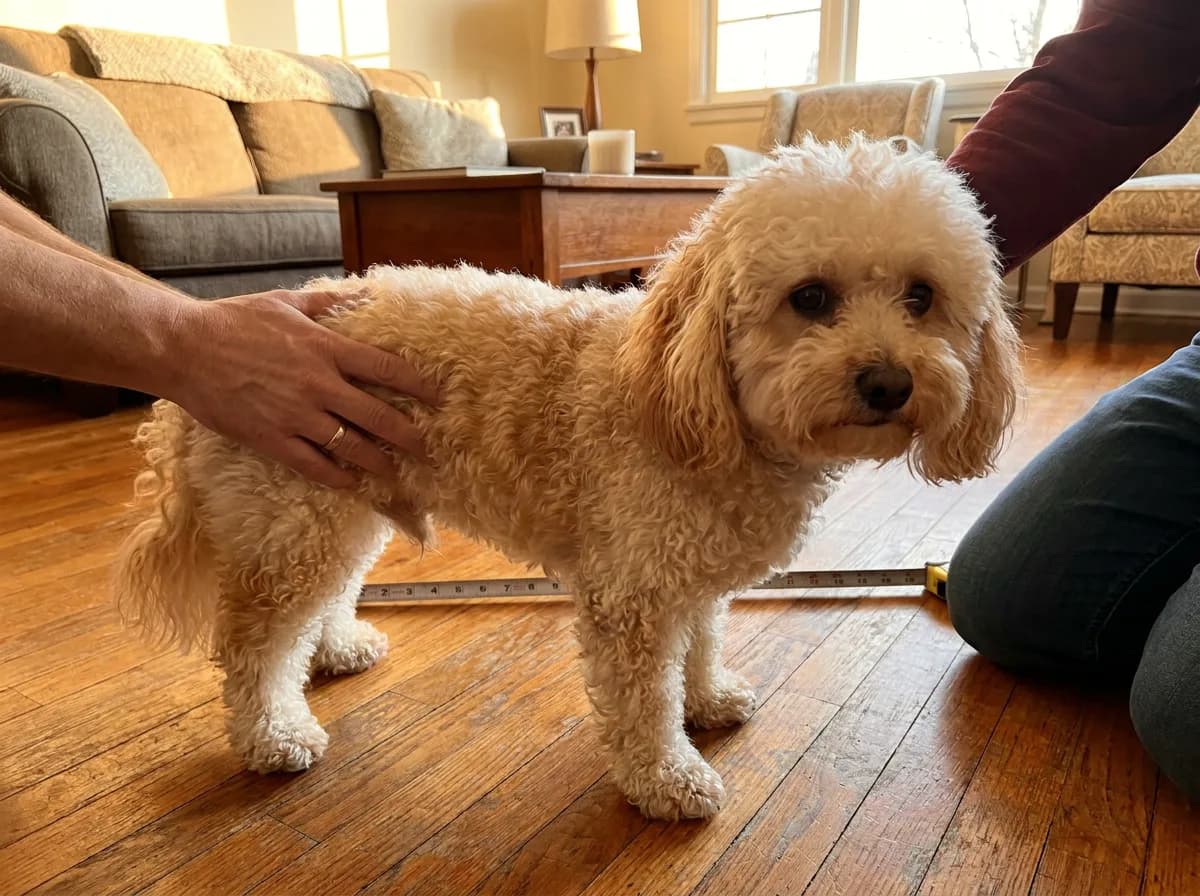 Apricot adult Poochon standing side-on on an indoor floor