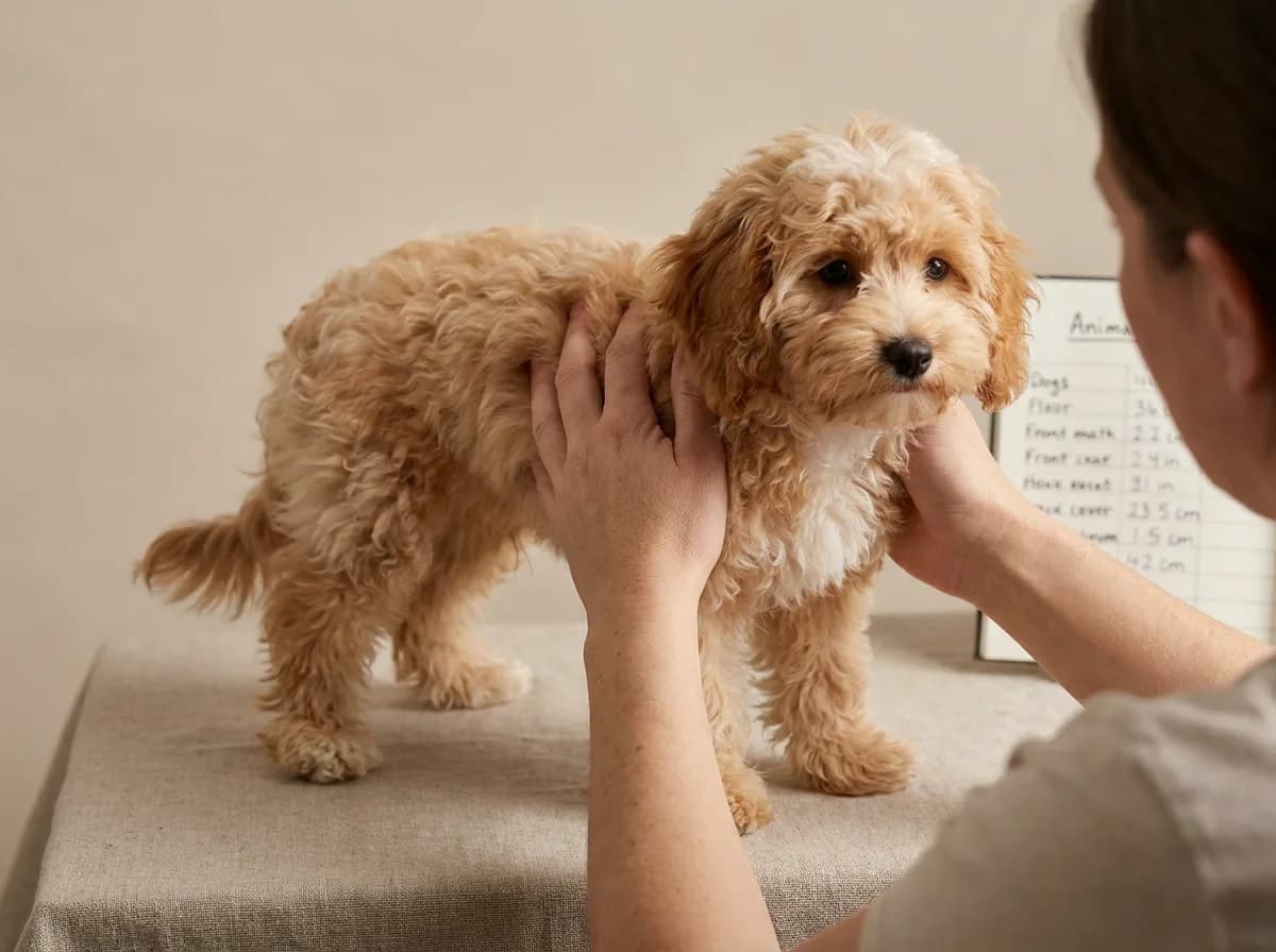 Young Poochon standing with its legs and body proportions visible