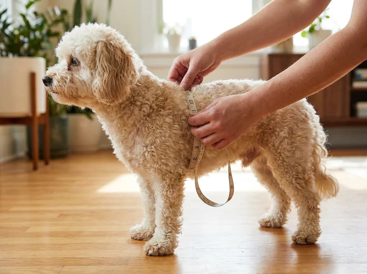 A person placing a flexible measuring tape around a standing Poochon’s chest