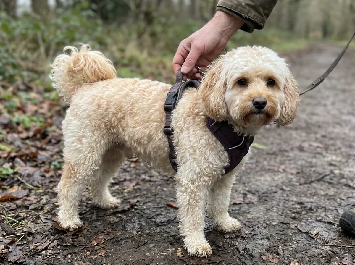 Adult Poochon wearing a dark walking harness outdoors
