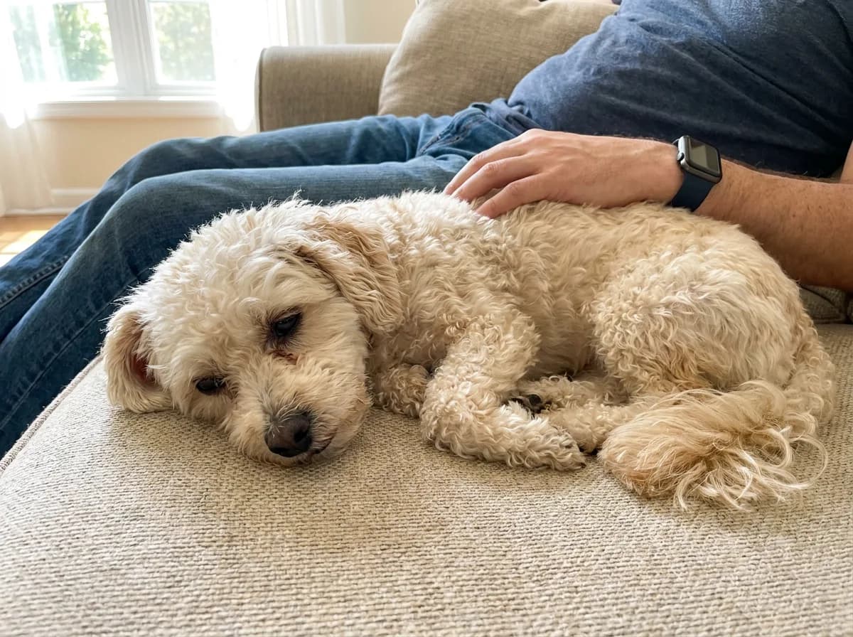 Adult cream Poochon resting beside a person on a sofa
