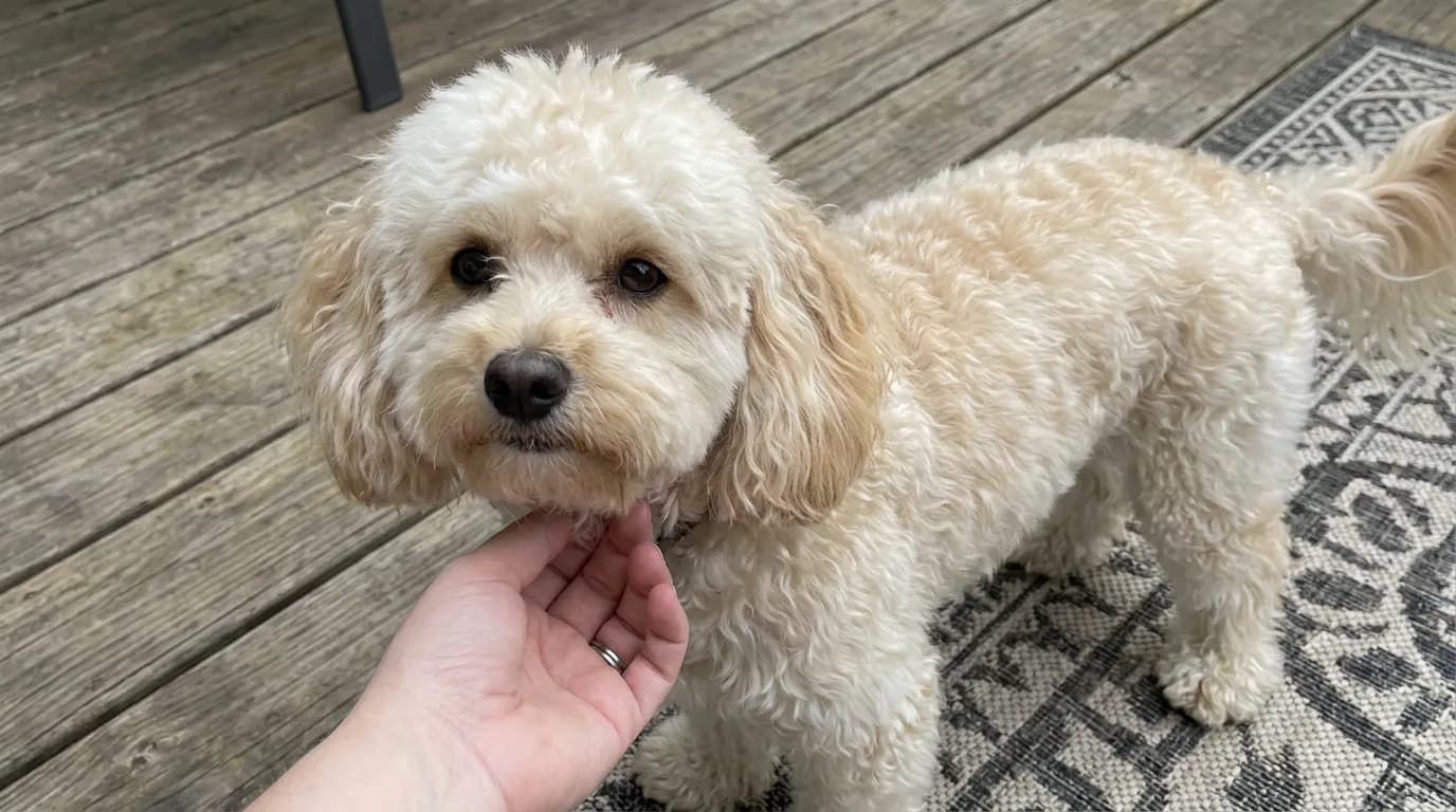 Poochon with a rounded face and softly curled cream coat