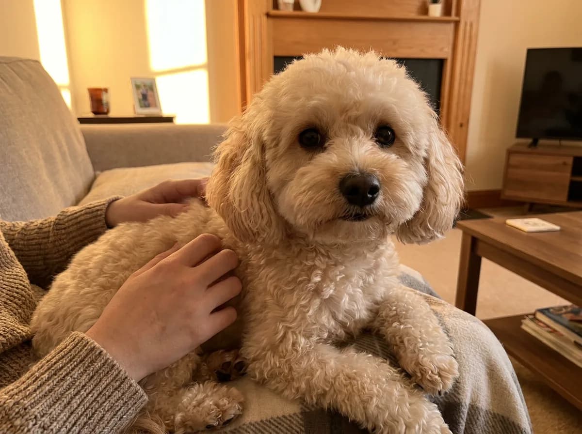 Poochon with a rounded teddy bear face resting on a person’s lap