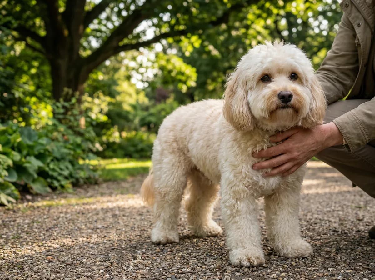 Poochon with a longer rounded trim and fuller legs standing outdoors
