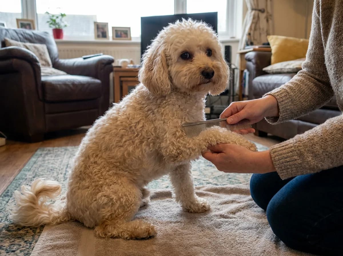 A person gently combing a Poochon’s front leg while supporting it
