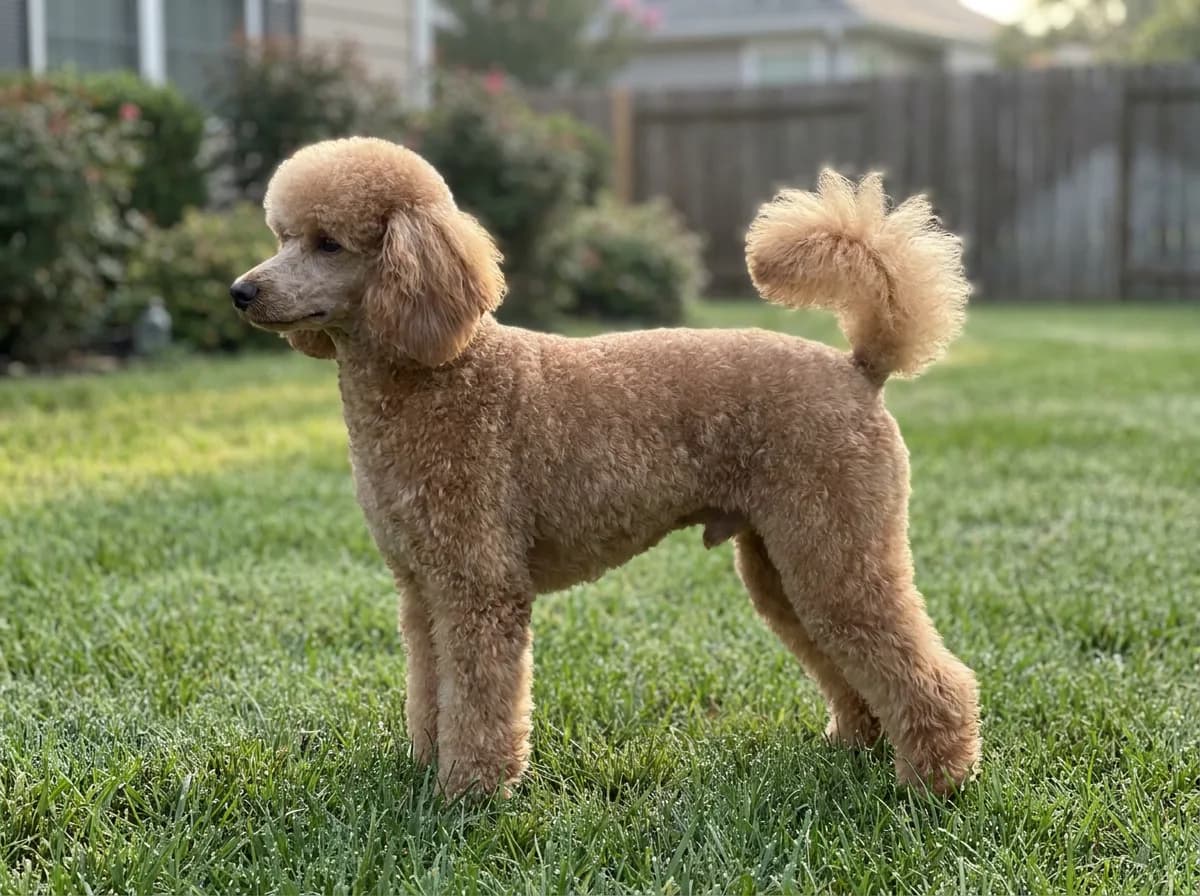 Apricot Miniature Poodle in a puppy cut with an even curly coat, rounded topknot and plume tail on a dewy lawn