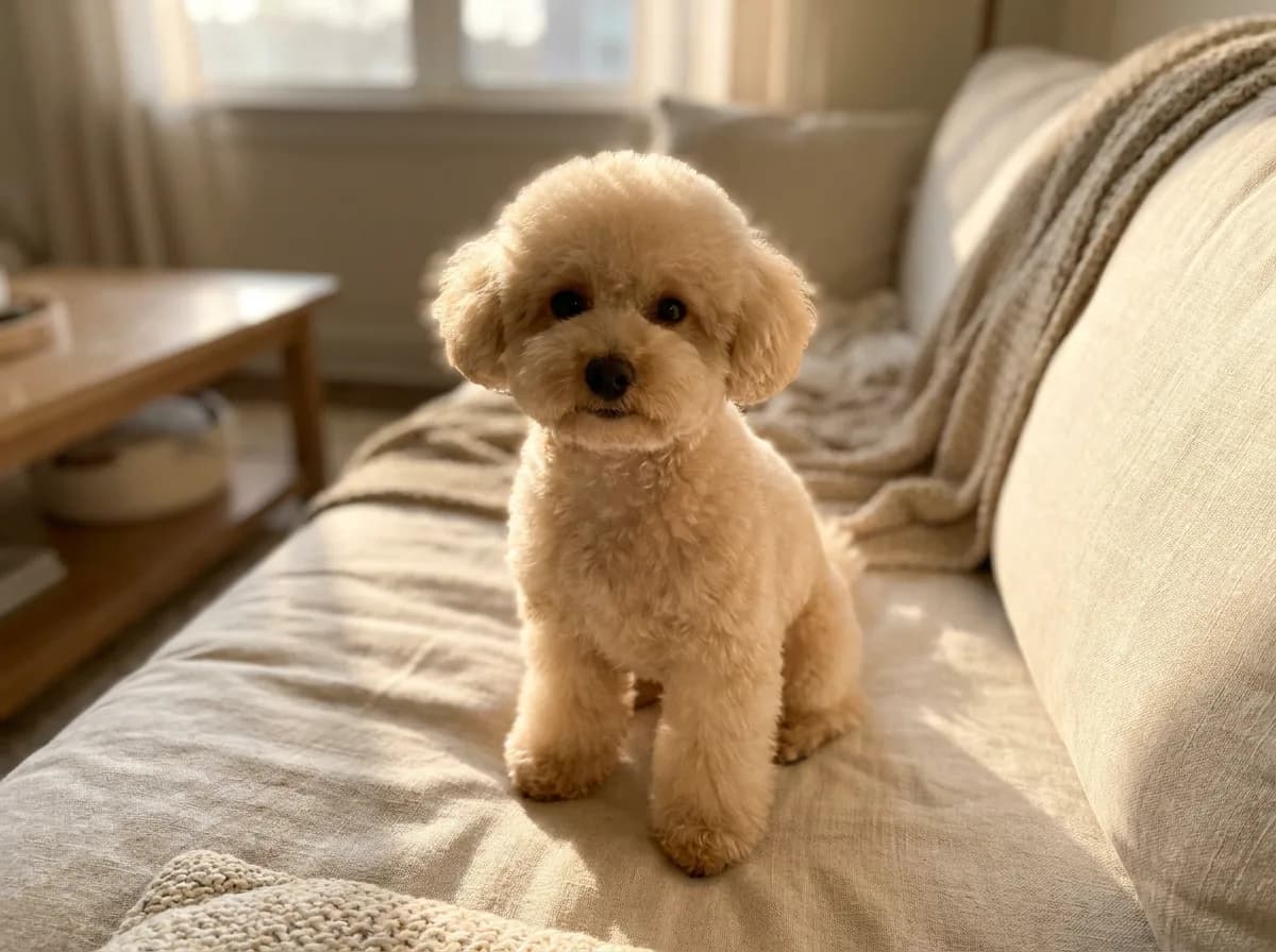 Cream Toy Poodle in a teddy bear cut with a round, unshaved muzzle sitting on a linen sofa