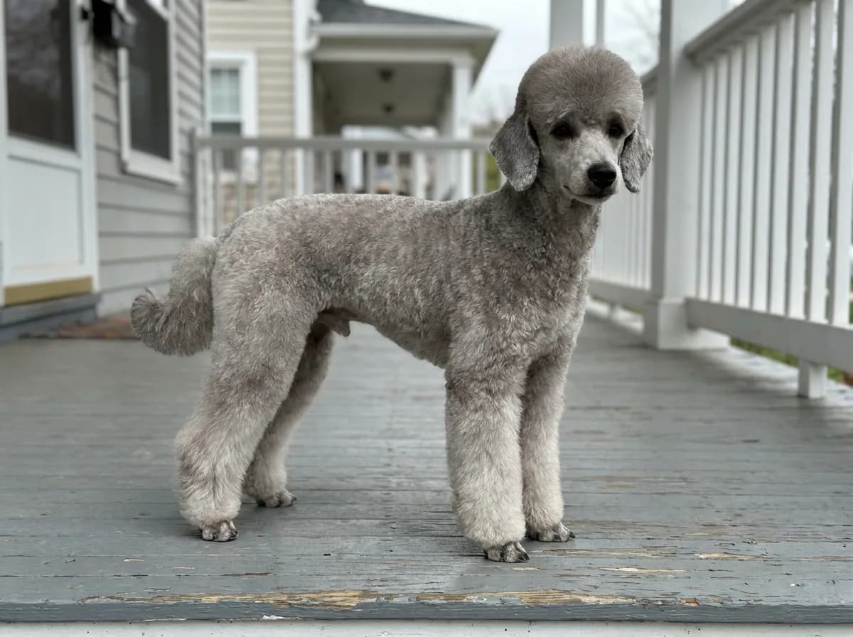 Silver Miniature Poodle in a lamb cut with a short body and fuller column legs on a gray porch floor