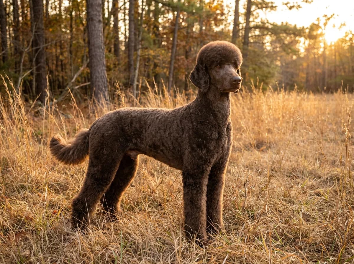 Brown Standard Poodle in a sporting clip with a short coat and scissored cap standing in autumn field grass