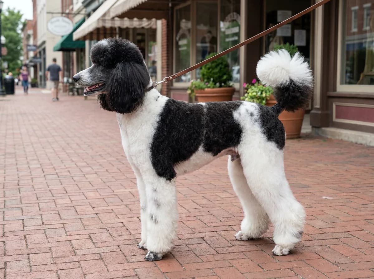 Black-and-white parti Standard Poodle in a town and country cut with full cylinder legs on a brick sidewalk