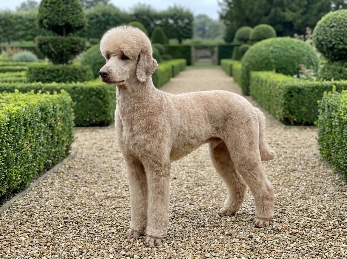 Cafe au lait Standard Poodle in a German cut with short clipped ears and a rounded topknot on a garden path