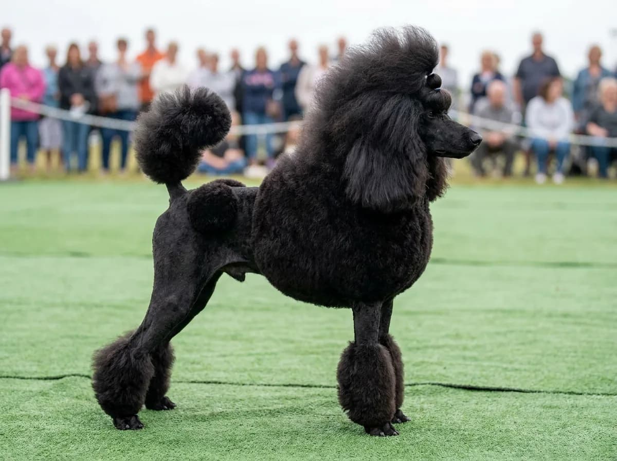 Black Standard Poodle in a continental clip with a full mane, hip rosette and leg bracelets in a show ring